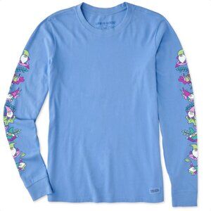 Life Is Good Crusher T-Shirt Falling Gnome Leaves Long Sleeve Womens Medium Blue